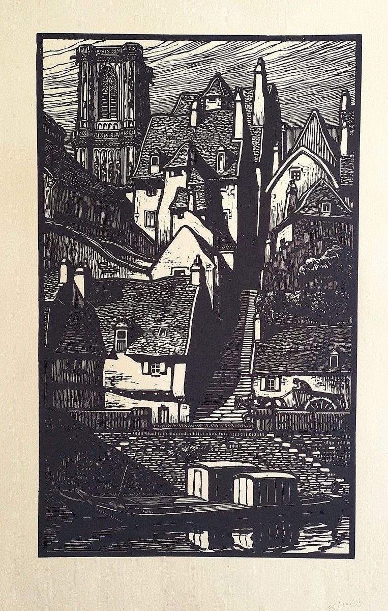 Brittany Landscape City Woodcut 20th C Engraving Old Print-photo-4