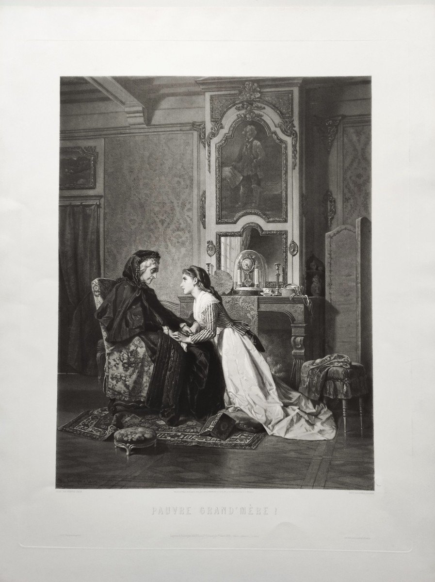 Scène de Genre Gravure Ancienne 19ème d'Après Compte-Calix Pauvre Grande Mère -photo-2