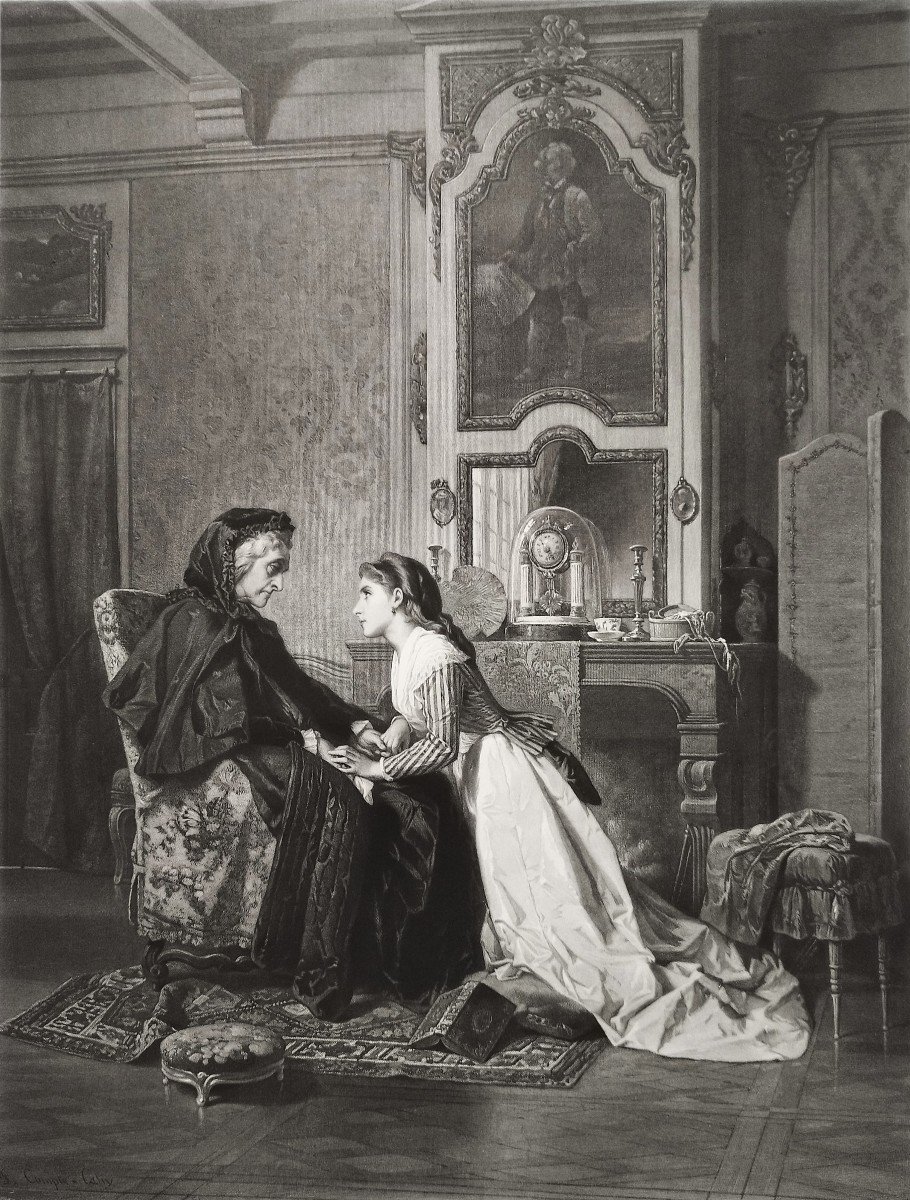 Scène de Genre Gravure Ancienne 19ème d'Après Compte-Calix Pauvre Grande Mère -photo-4