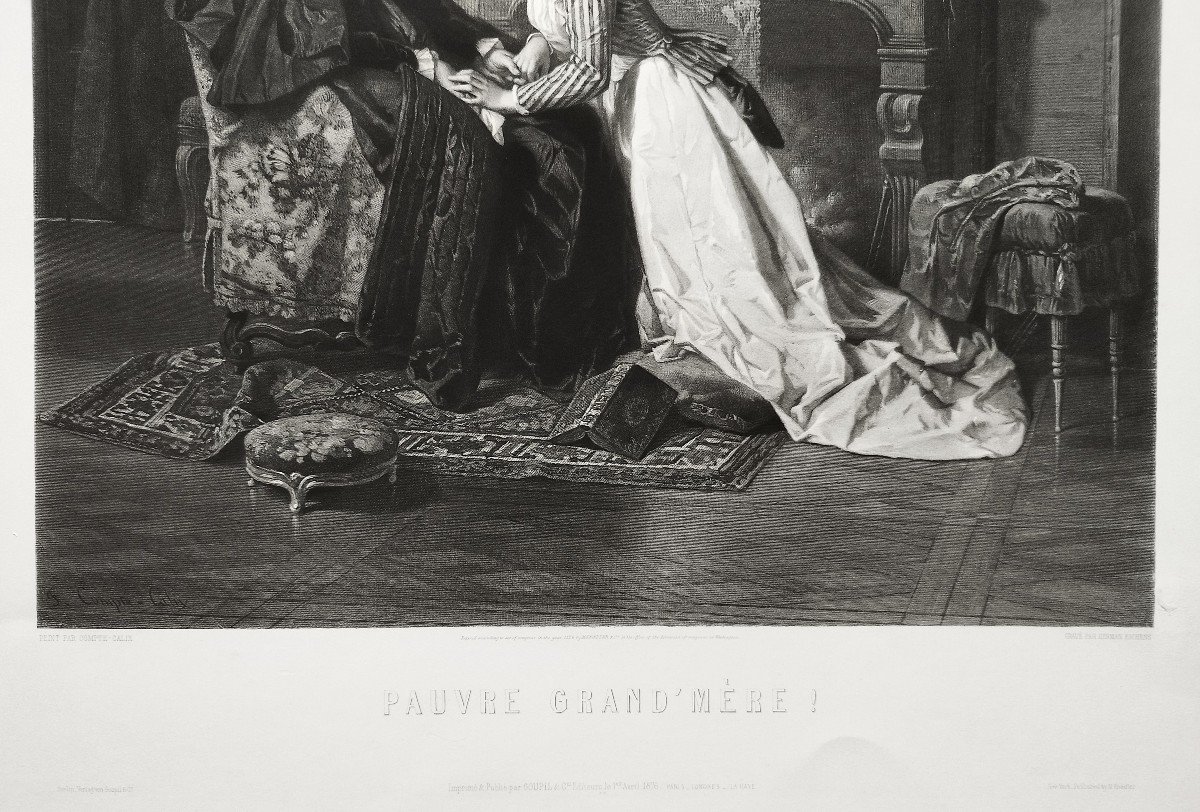 Scène de Genre Gravure Ancienne 19ème d'Après Compte-Calix Pauvre Grande Mère -photo-1