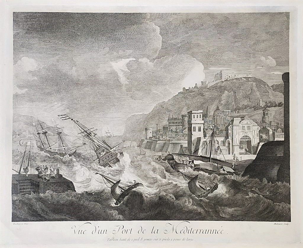  Gravure Ancienne Marine Port En Méditerranée d'après Ludolf Bakhuizen 18ème-photo-3