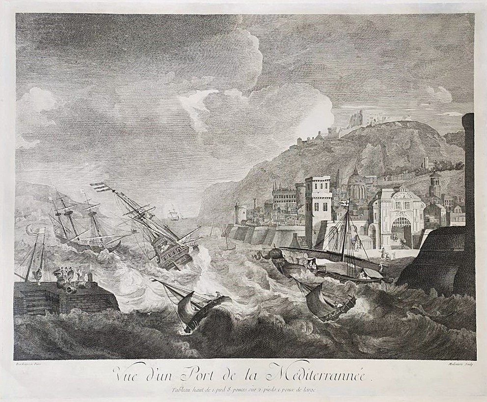  Gravure Ancienne Marine Port En Méditerranée d'après Ludolf Bakhuizen 18ème-photo-4