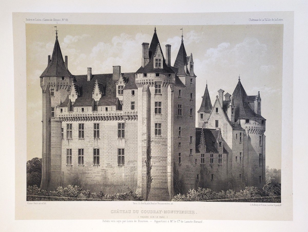  Château Coudray Montpensier Lithographie Ancienne Par Victor Petit XIXè Architecture Médiévale-photo-3