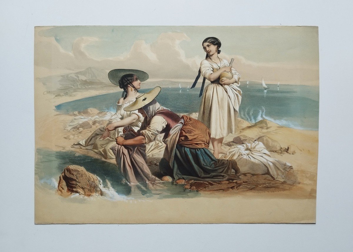 Lithograph  Women In Nice Watercolored  19th C Old Print-photo-2