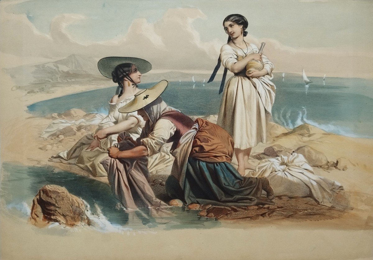 Lithograph  Women In Nice Watercolored  19th C Old Print-photo-3