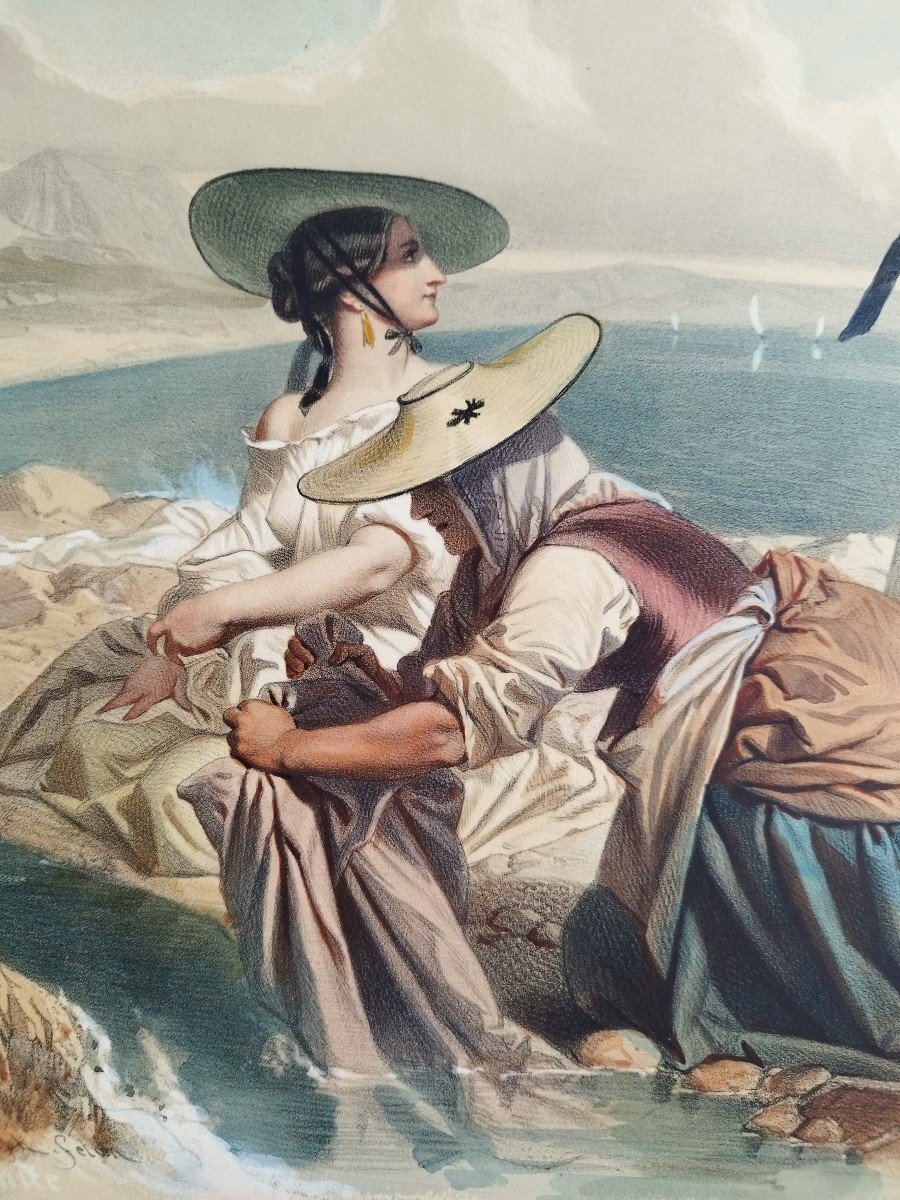 Lithograph  Women In Nice Watercolored  19th C Old Print-photo-4