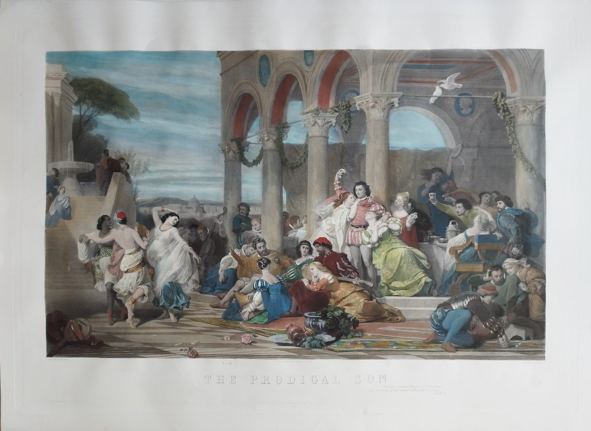  Prodigal Son Large Watercolored Engraving After Dubuffe  Etching 19th Century Old Print-photo-2