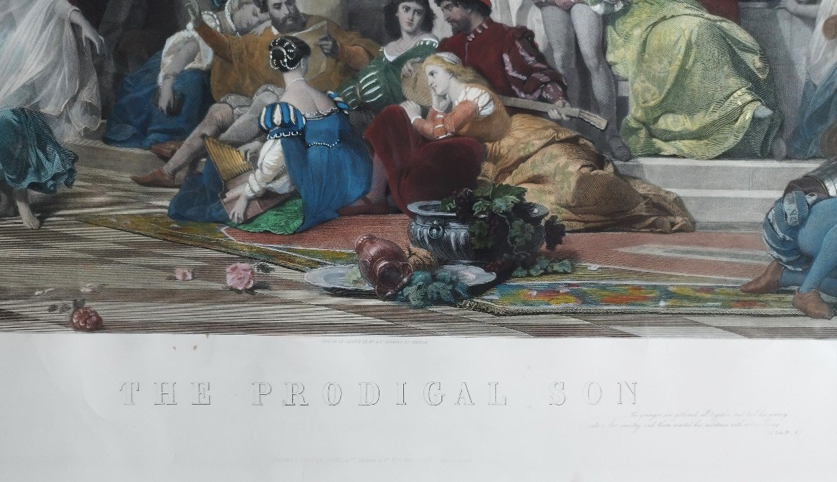  Prodigal Son Large Watercolored Engraving After Dubuffe  Etching 19th Century Old Print-photo-4