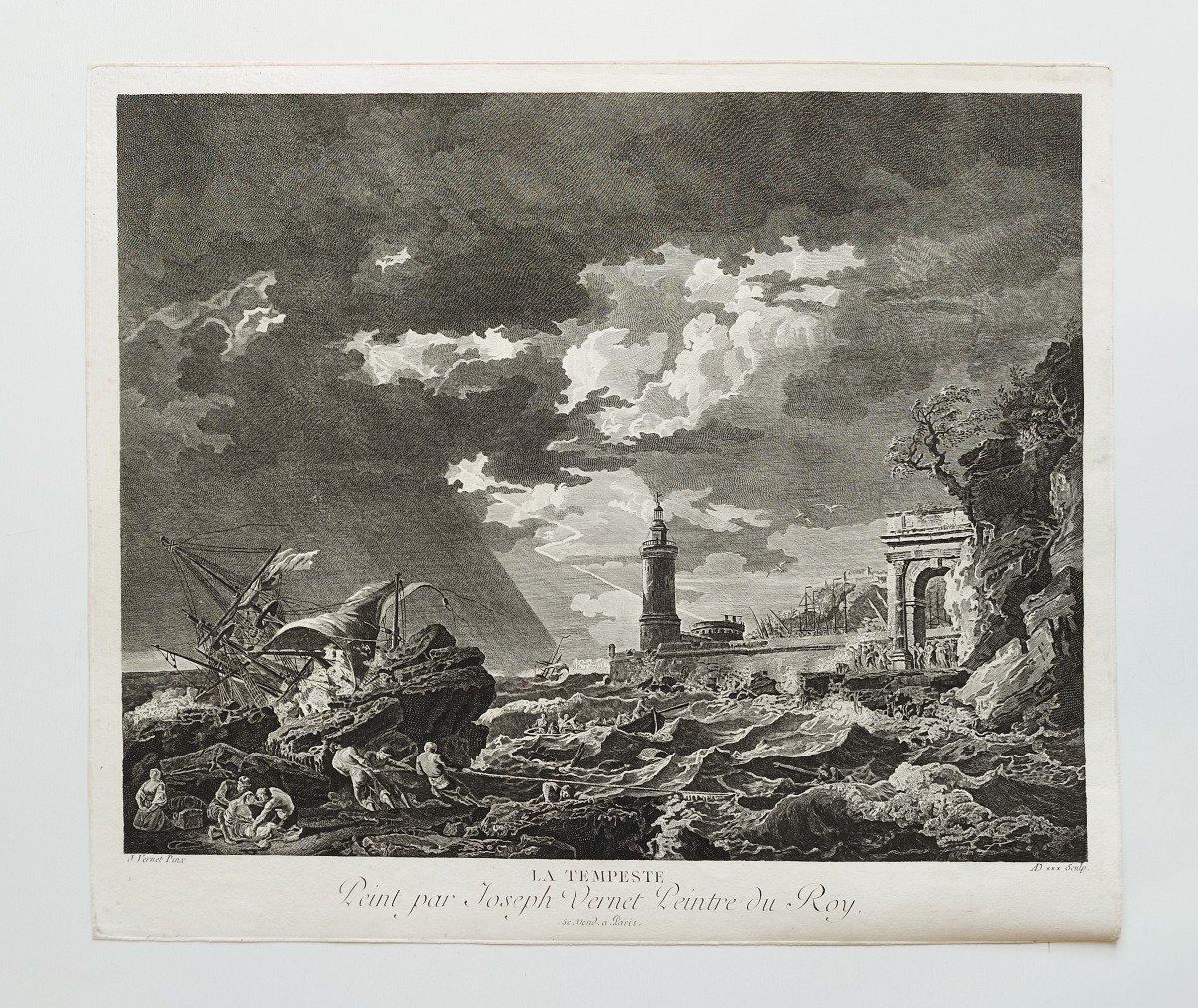 Etching Seascape Storm Tempest After Vernet  Engraving 18th Century Old Print-photo-2