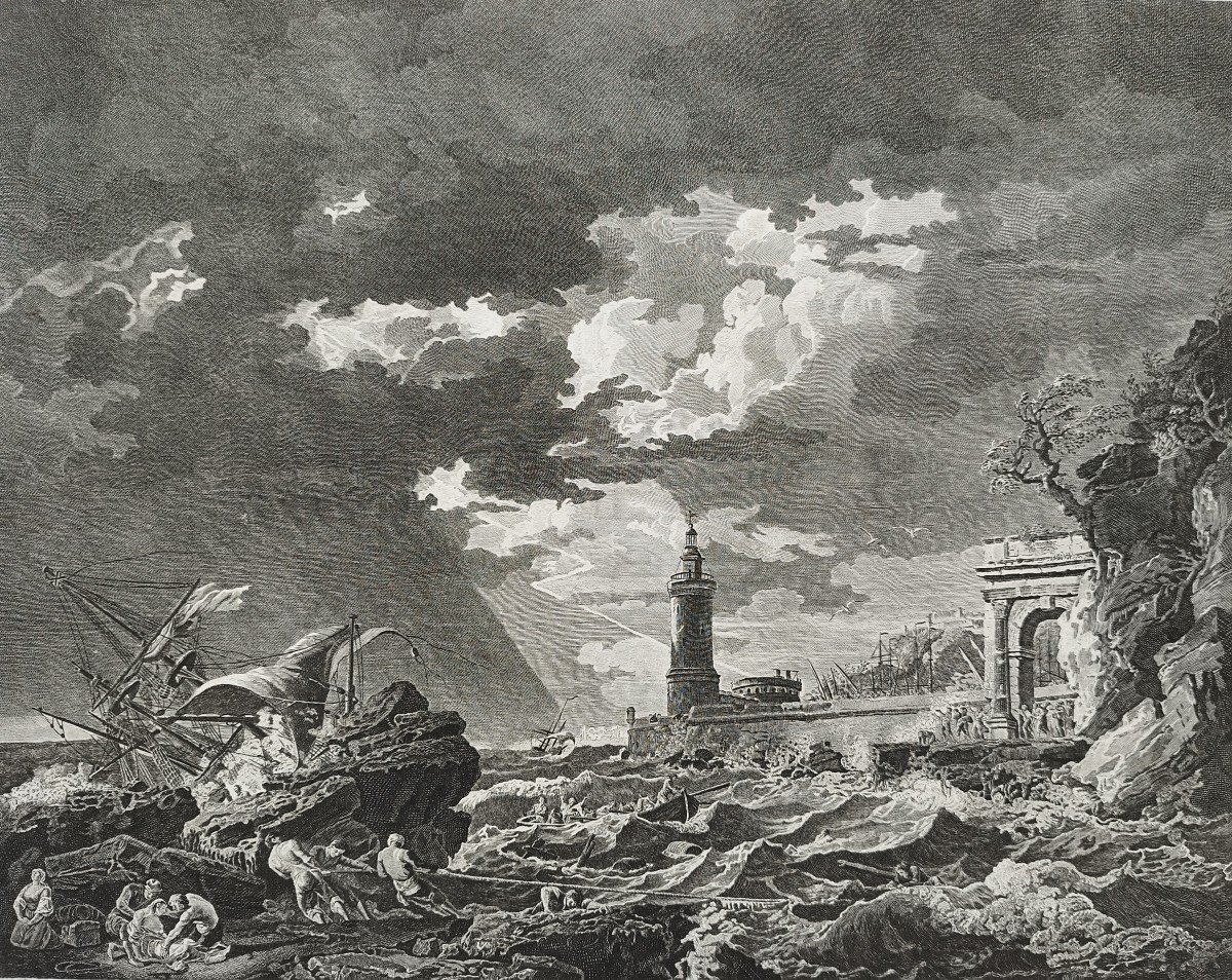 Etching Seascape Storm Tempest After Vernet  Engraving 18th Century Old Print-photo-4