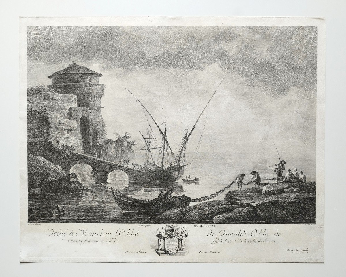 Marine Vue De Marseille Par Jacques Aliamet  d'Après Vernet Gravure Ancienne 18ème-photo-2