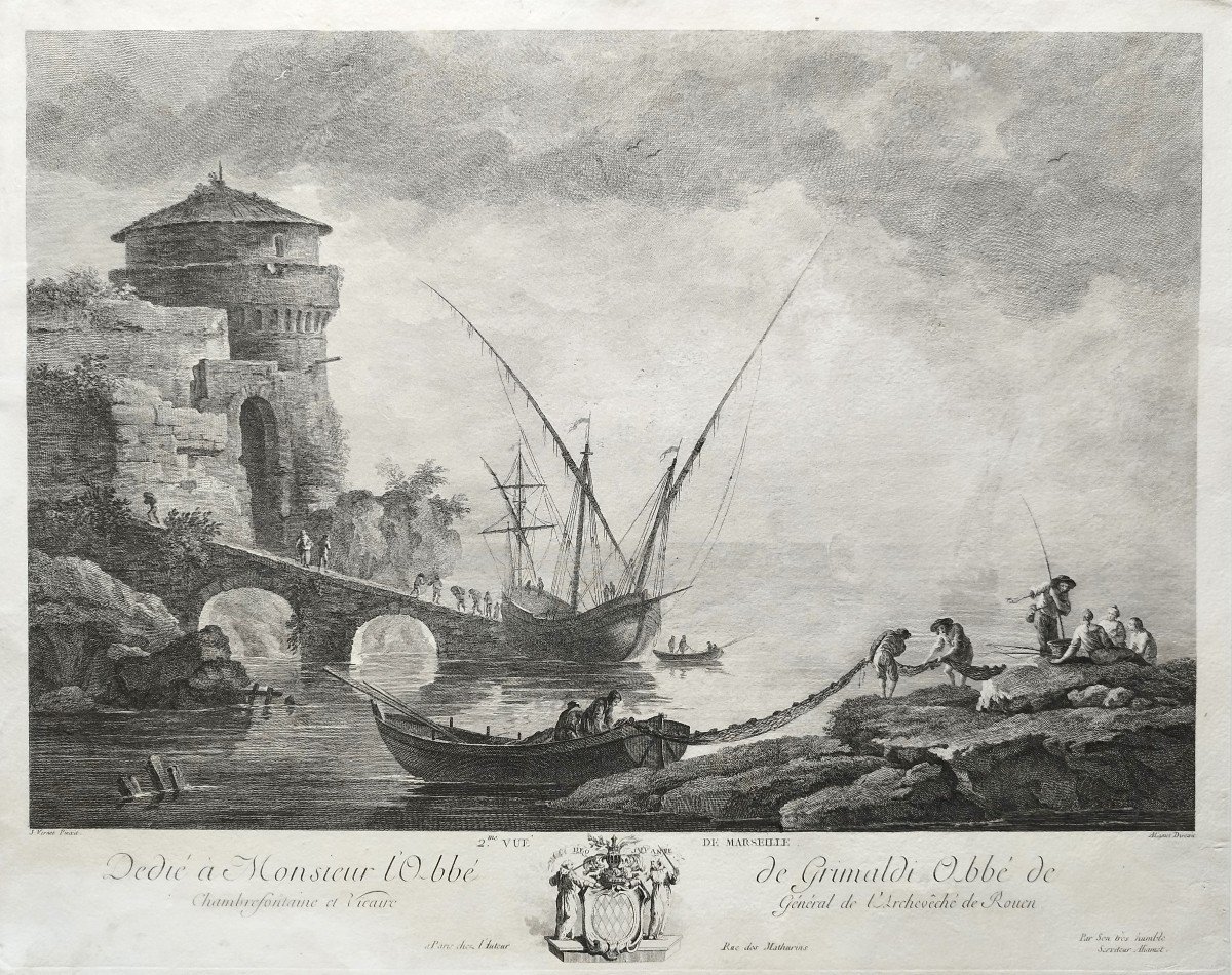 Marine Vue De Marseille Par Jacques Aliamet  d'Après Vernet Gravure Ancienne 18ème-photo-3