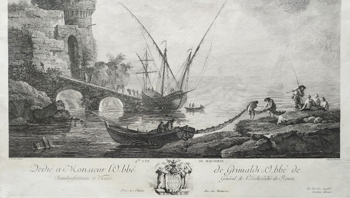 Marine Vue De Marseille Par Jacques Aliamet  d'Après Vernet Gravure Ancienne 18ème-photo-4