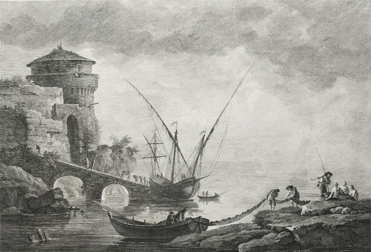 Marine Vue De Marseille Par Jacques Aliamet  d'Après Vernet Gravure Ancienne 18ème-photo-1