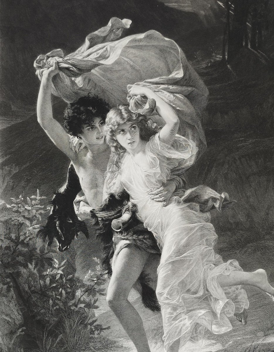 Gravure Mythologique l'Orage Par Amédée Varin d'Après Pierre Auguste Cot Néo-classique XIXème-photo-1