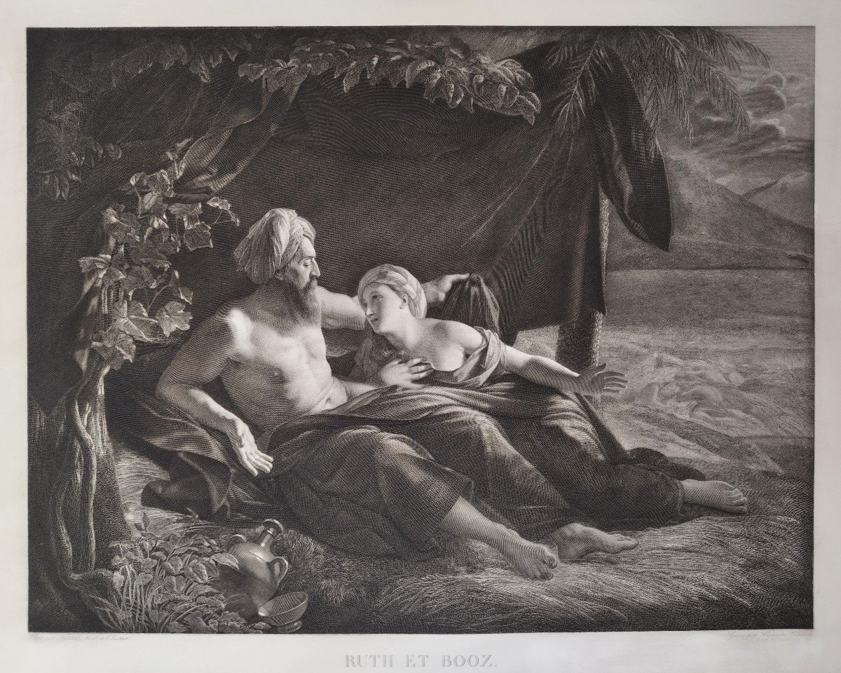 Orientalist Etching  Ruth And Booz By Tardieu After Hersent 19th Century Engraving Old Print