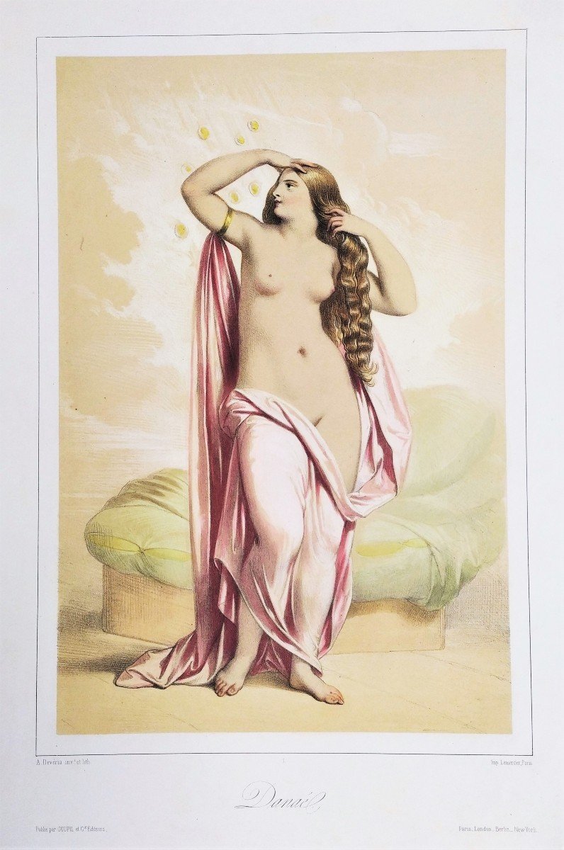  Danae  Watercolored Lithograph By Achille Devéria Greek Mythology Old Print 19th C Nude-photo-3