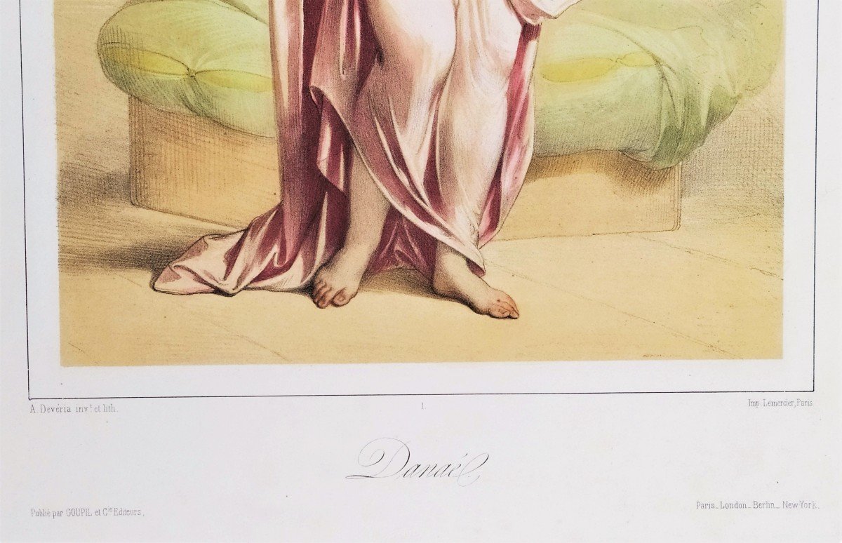  Danae  Watercolored Lithograph By Achille Devéria Greek Mythology Old Print 19th C Nude-photo-4