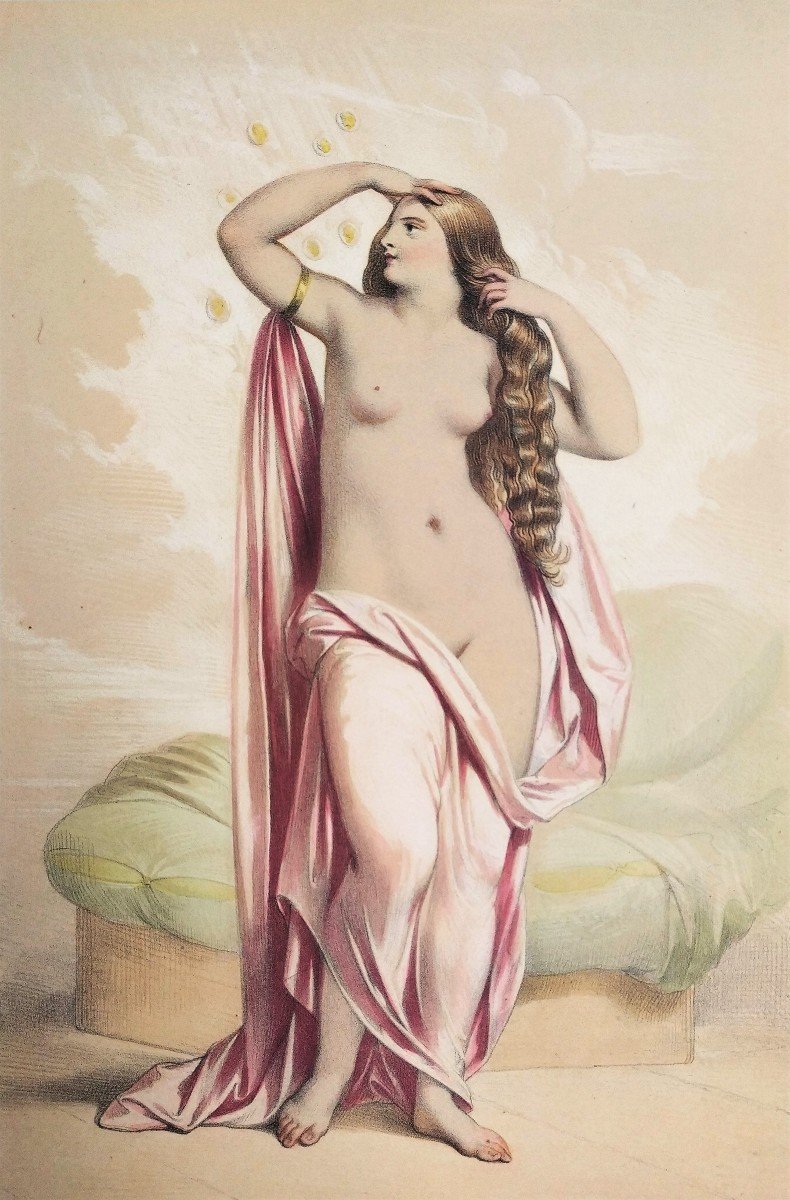  Danae  Watercolored Lithograph By Achille Devéria Greek Mythology Old Print 19th C Nude-photo-2