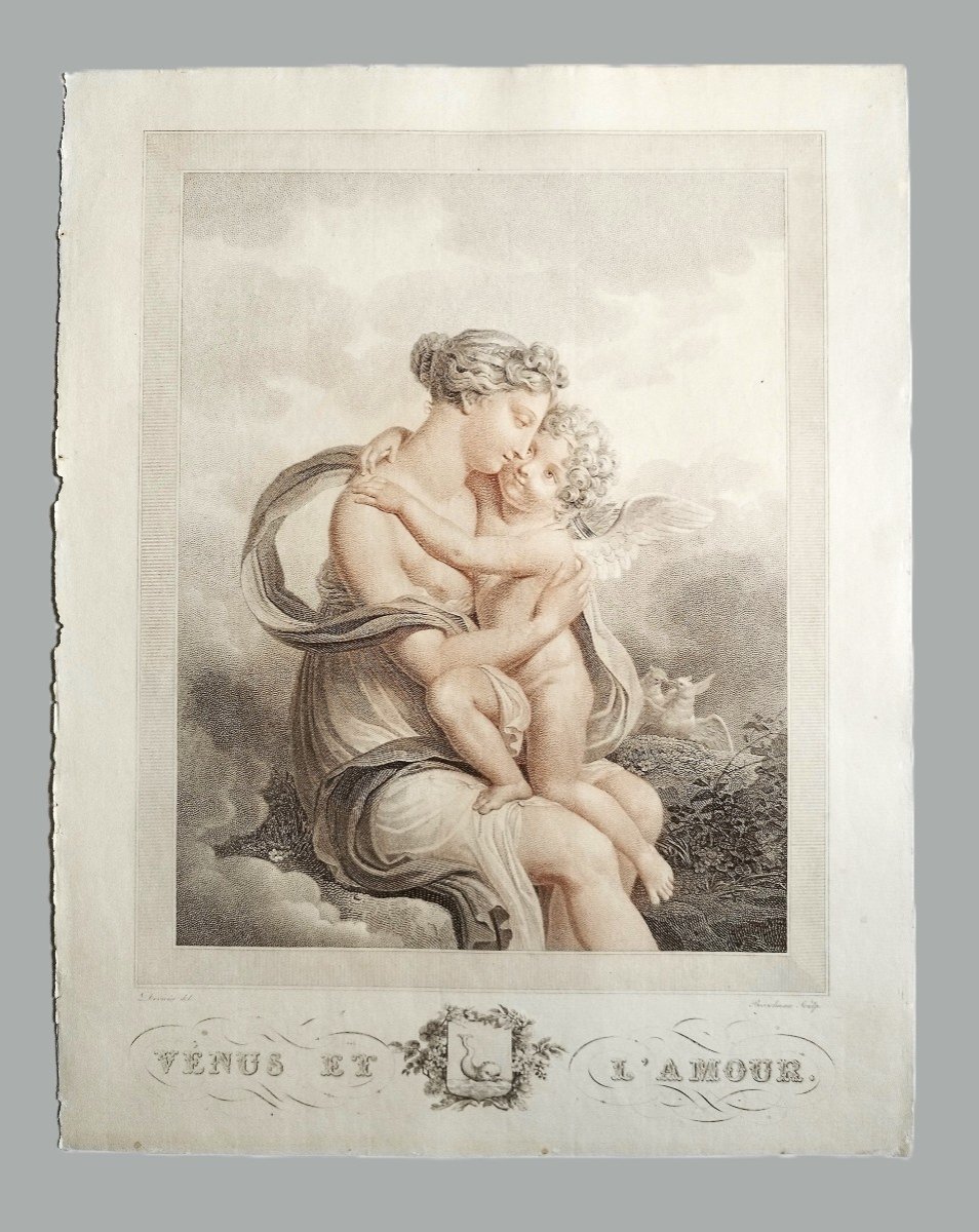 Venus And Love  Mytological Engraving Empire Period By Bosselman Etching Old Print 19th C-photo-2