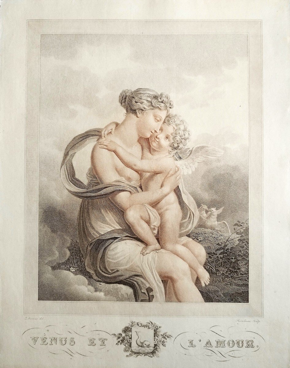 Venus And Love  Mytological Engraving Empire Period By Bosselman Etching Old Print 19th C-photo-3