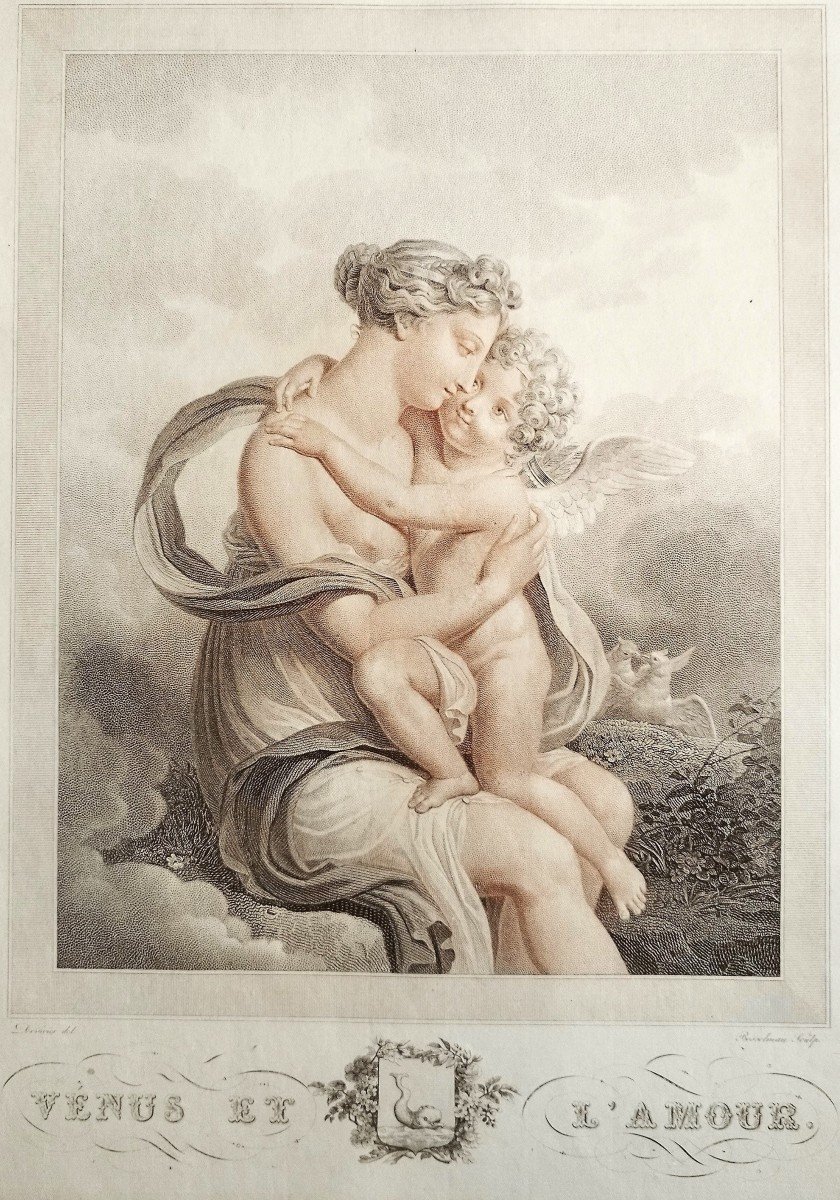 Venus And Love  Mytological Engraving Empire Period By Bosselman Etching Old Print 19th C-photo-4