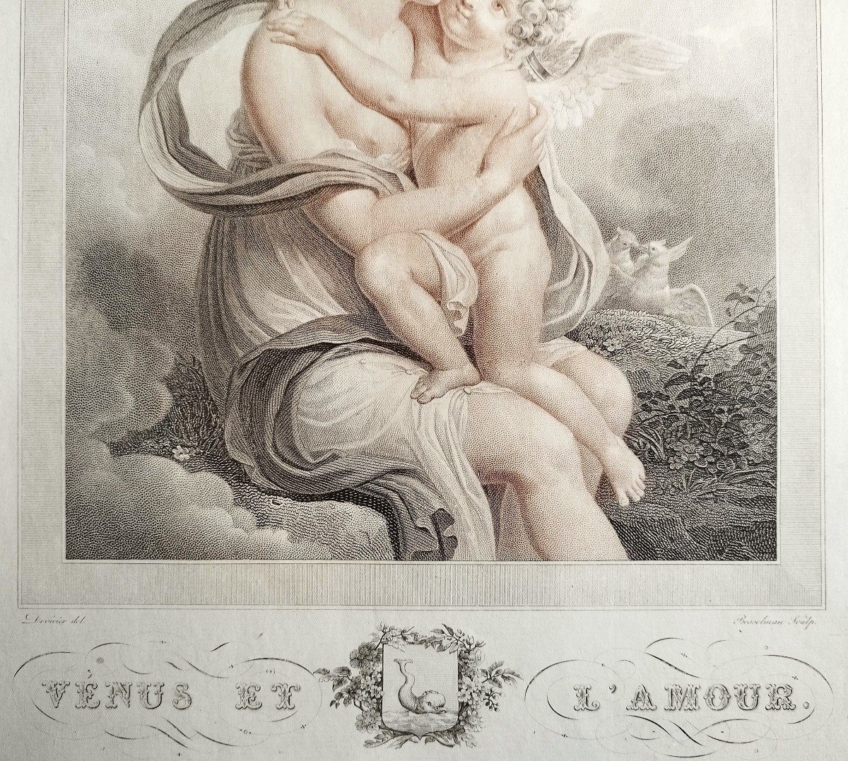 Venus And Love  Mytological Engraving Empire Period By Bosselman Etching Old Print 19th C-photo-1