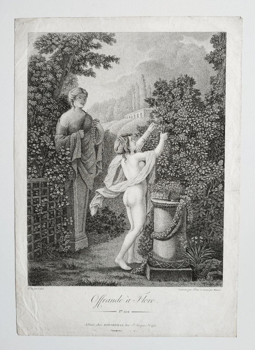 Neo Classical Etching Empire Period Engraving Flora Nude 19th C Mythological Old Print-photo-2