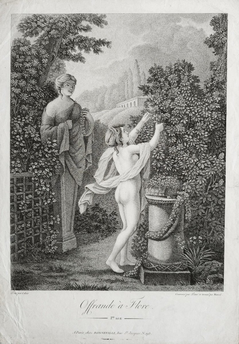 Neo Classical Etching Empire Period Engraving Flora Nude 19th C Mythological Old Print-photo-3