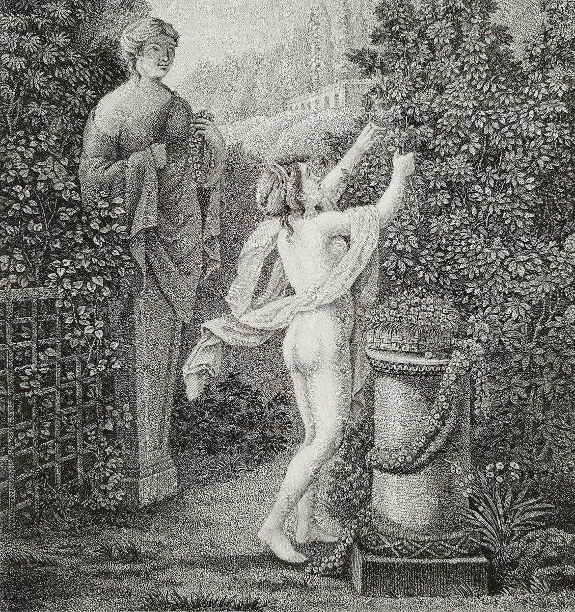 Neo Classical Etching Empire Period Engraving Flora Nude 19th C Mythological Old Print-photo-2