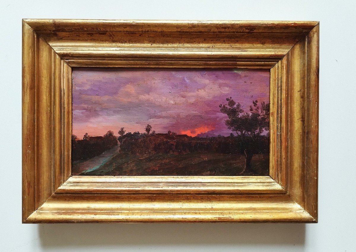 Oil Painting Landscape At Setting Sun 19th C French School-photo-2