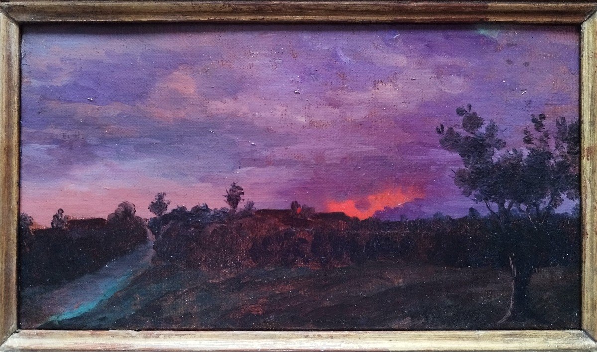 Oil Painting Landscape At Setting Sun 19th C French School-photo-4