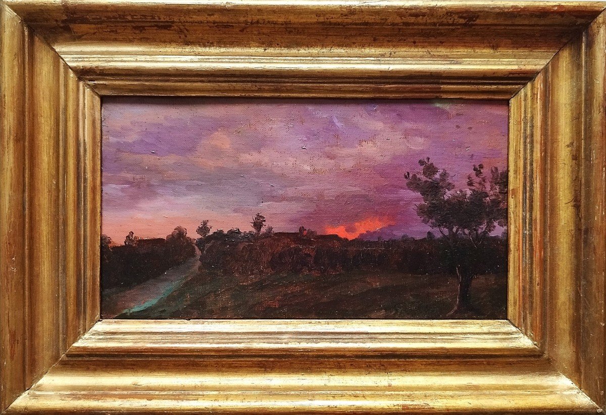 Tableau Paysage Au Soleil Couchant 19ème Huile Sur Toile