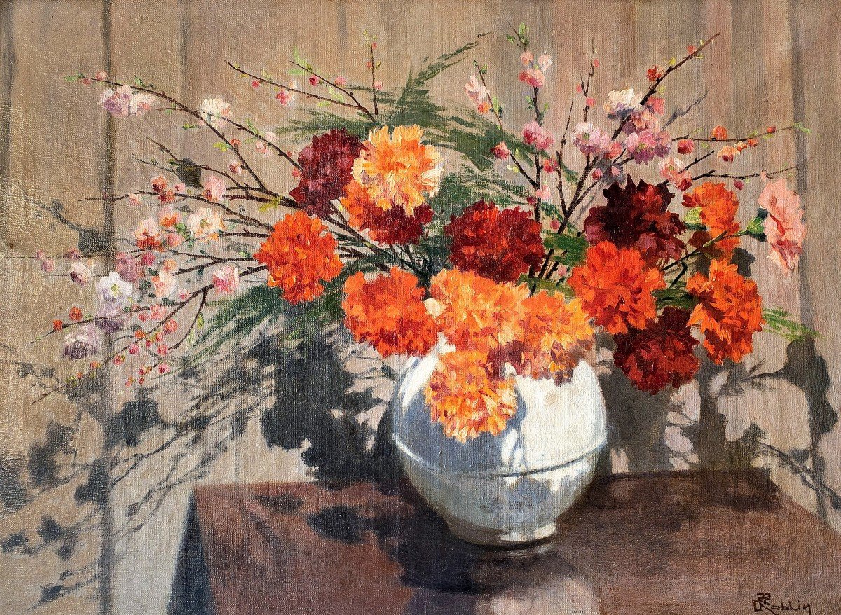 Oil Painting Still Life Flowers Carnations By Jules Roblin 20th Century-photo-2