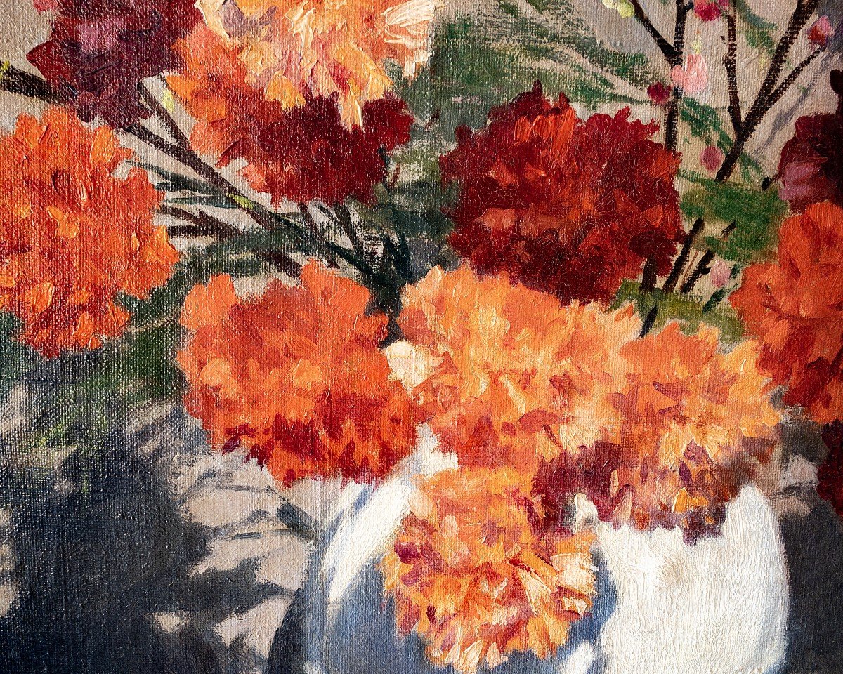 Oil Painting Still Life Flowers Carnations By Jules Roblin 20th Century-photo-4