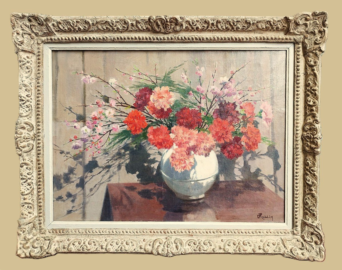 Oil Painting Still Life Flowers Carnations By Jules Roblin 20th Century-photo-2