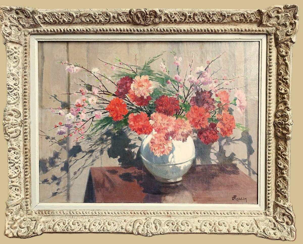 Oil Painting Still Life Flowers Carnations By Jules Roblin 20th Century