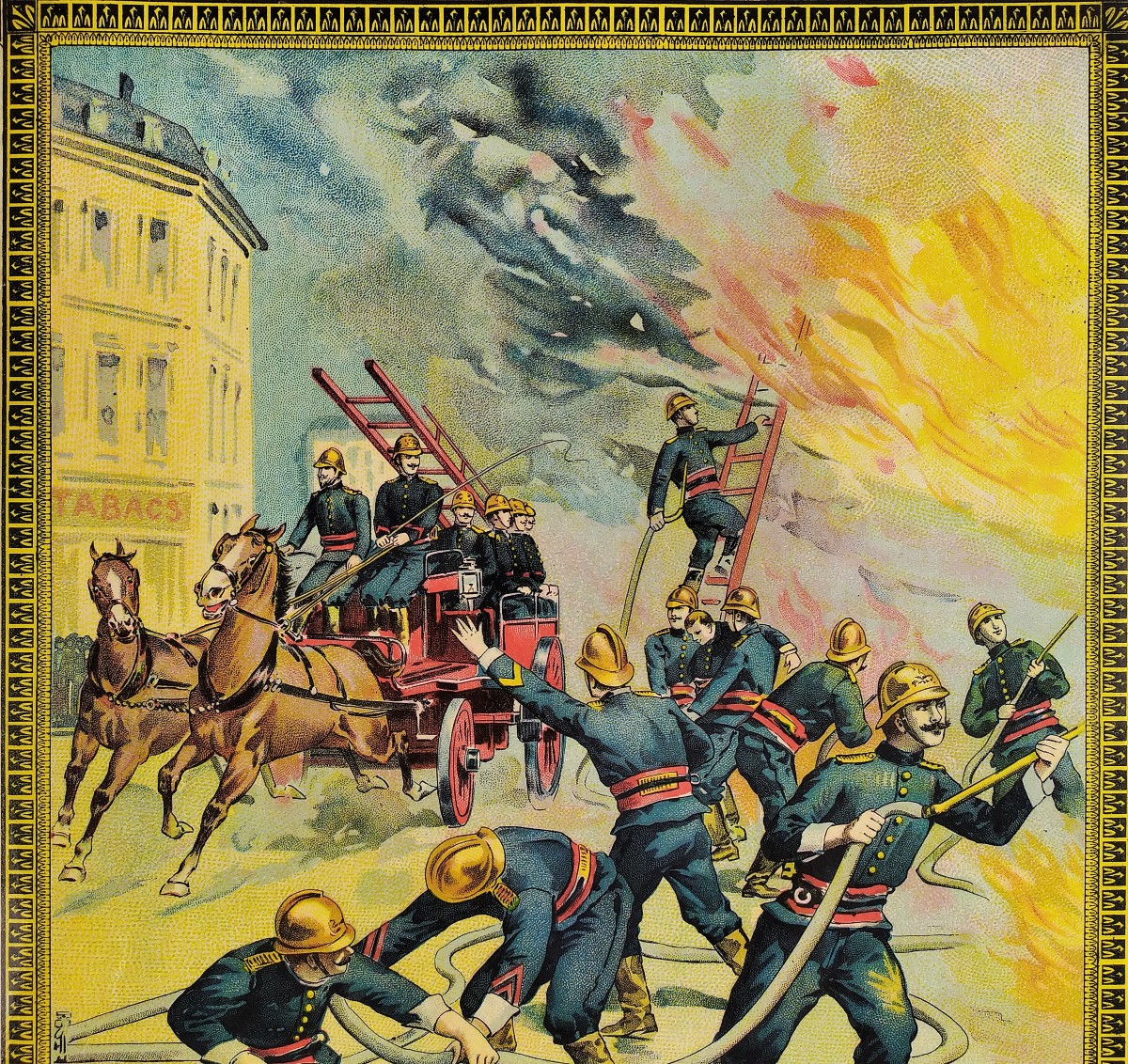 Chromolithograph Firefighters In Touraine Circa 1900 Old Print-photo-1