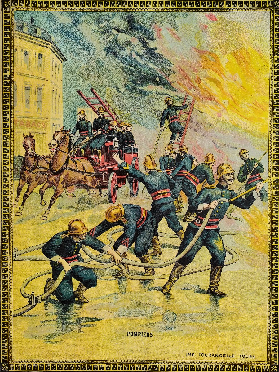 Chromolithographie Ancienne Pompiers  En Touraine Vers 1900