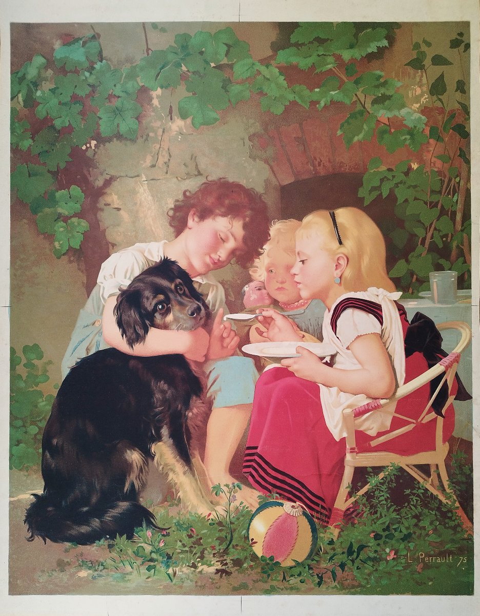 Antique Chromolithograph After Perrault, Children And Dog 19th Century Old Print-photo-2