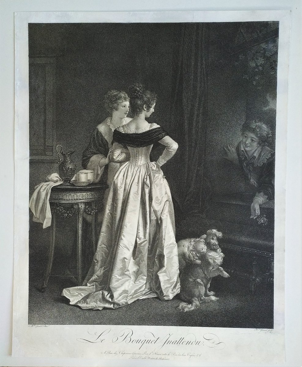 The Unexpected Bouquet Antique Engraving After Marguerite Gérard Etching 19th C Old Print-photo-2