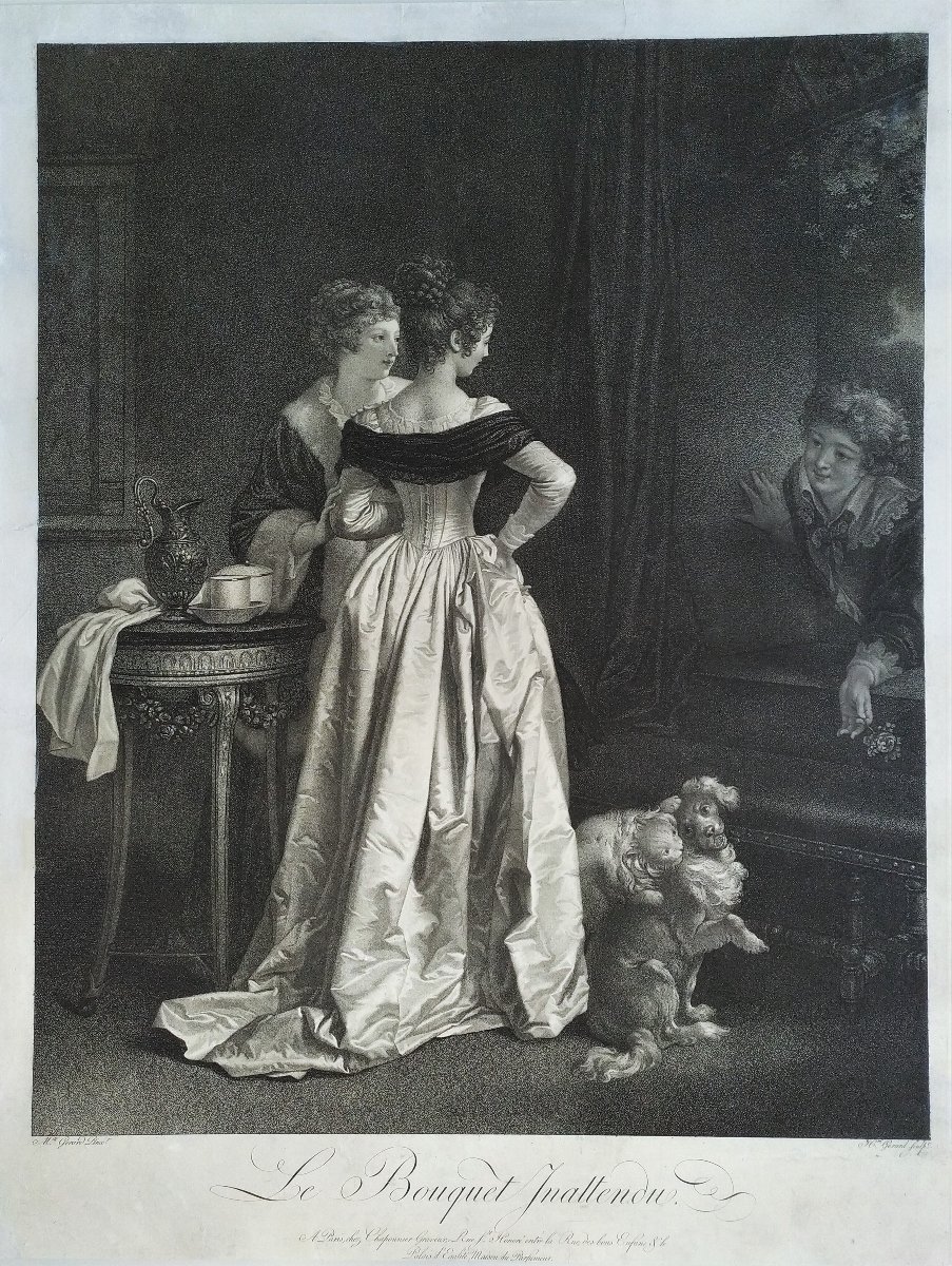 The Unexpected Bouquet Antique Engraving After Marguerite Gérard Etching 19th C Old Print-photo-3