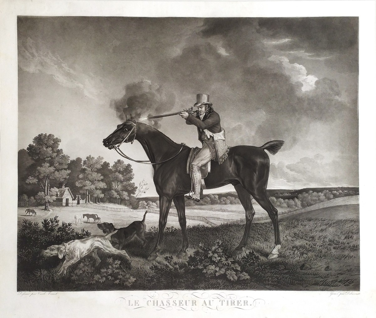 Engraving Hunting Arabian Horse The Hunter After Vernet By Debucourt 19th C Etching Old Print
