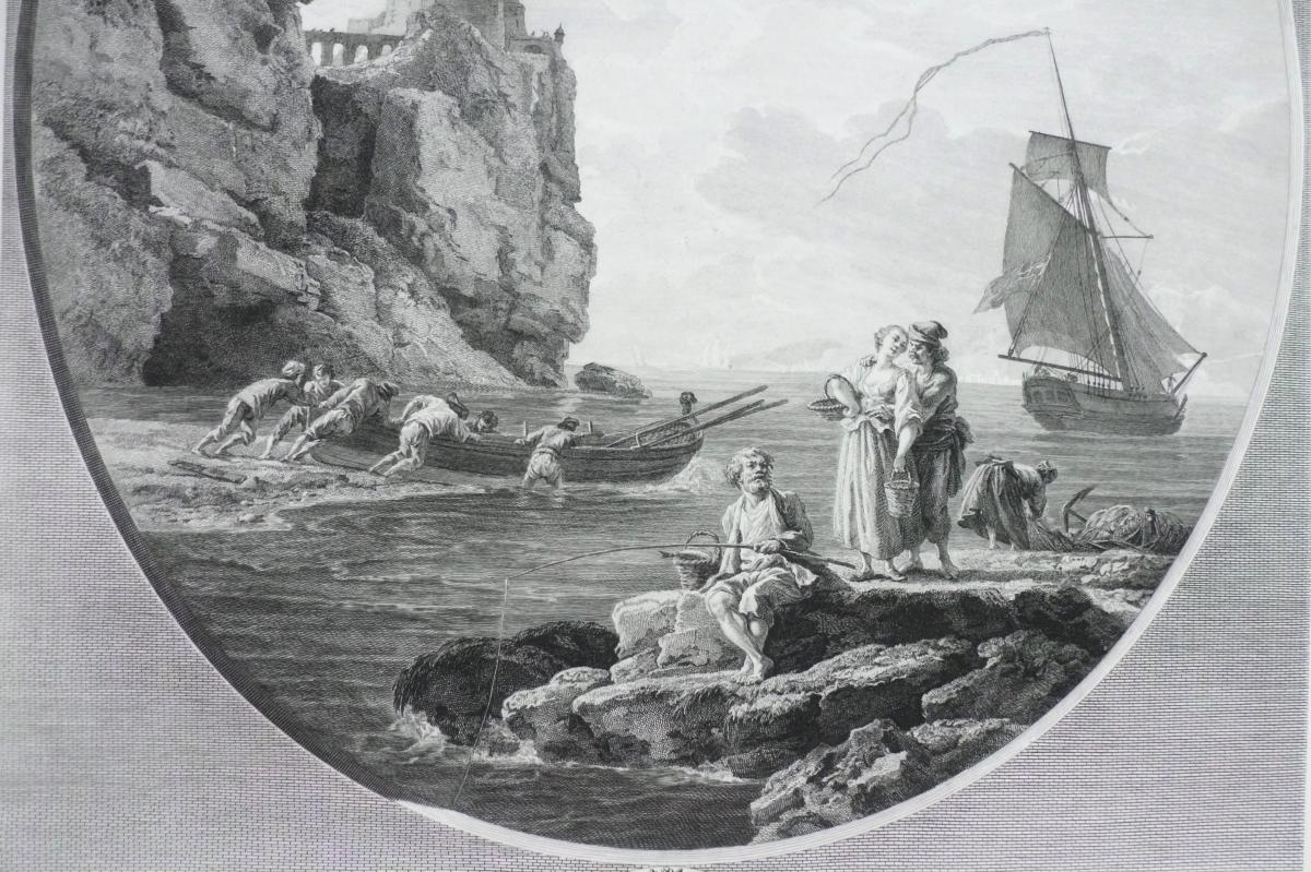 18ème Paire de Gravures , Paysage Marin de Navire, d'après peinture de Joseph Vernet -photo-3