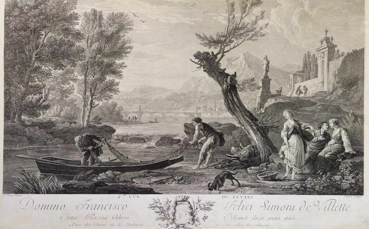  18th Century Seascape Small Boat On A River, French Engraving After Antique Oil Painting By Joseph Vernet-photo-3