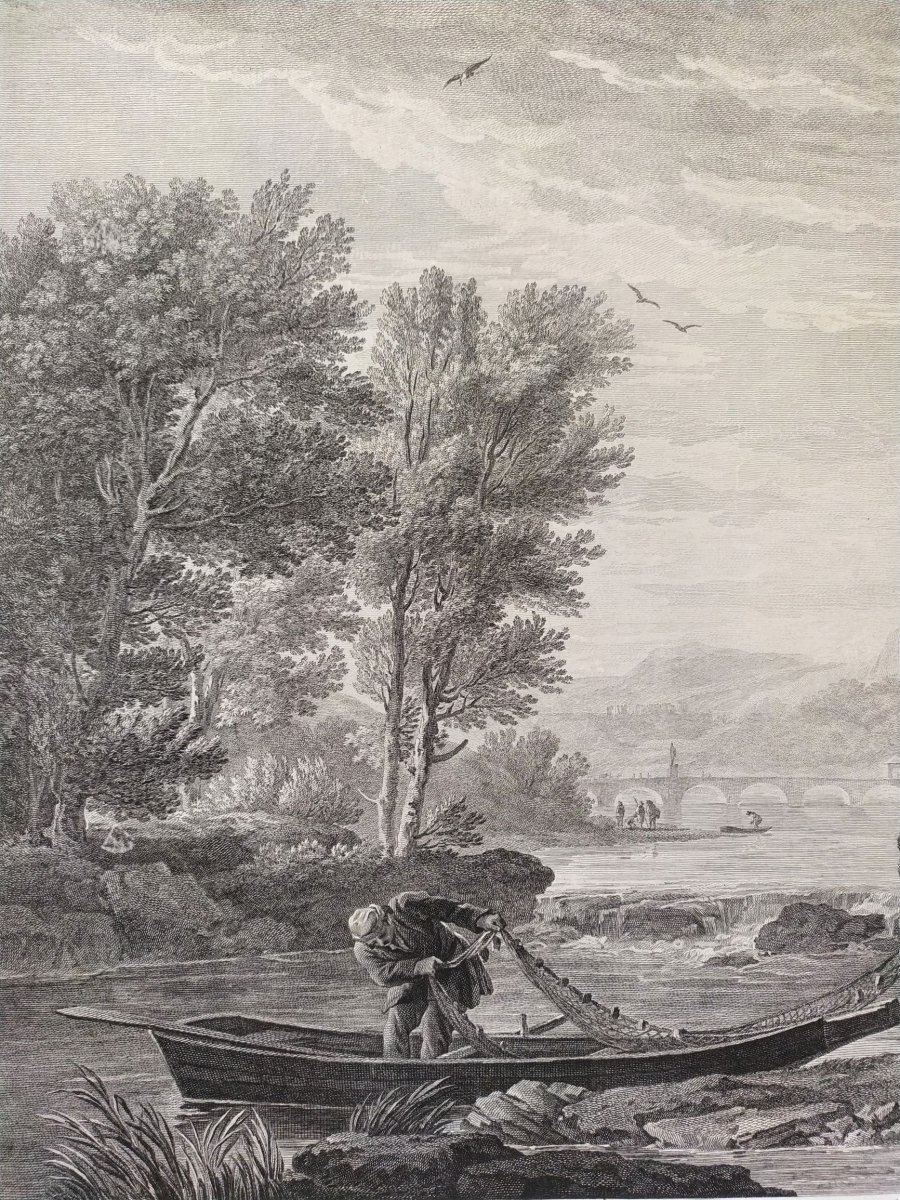  18th Century Seascape Small Boat On A River, French Engraving After Antique Oil Painting By Joseph Vernet-photo-5