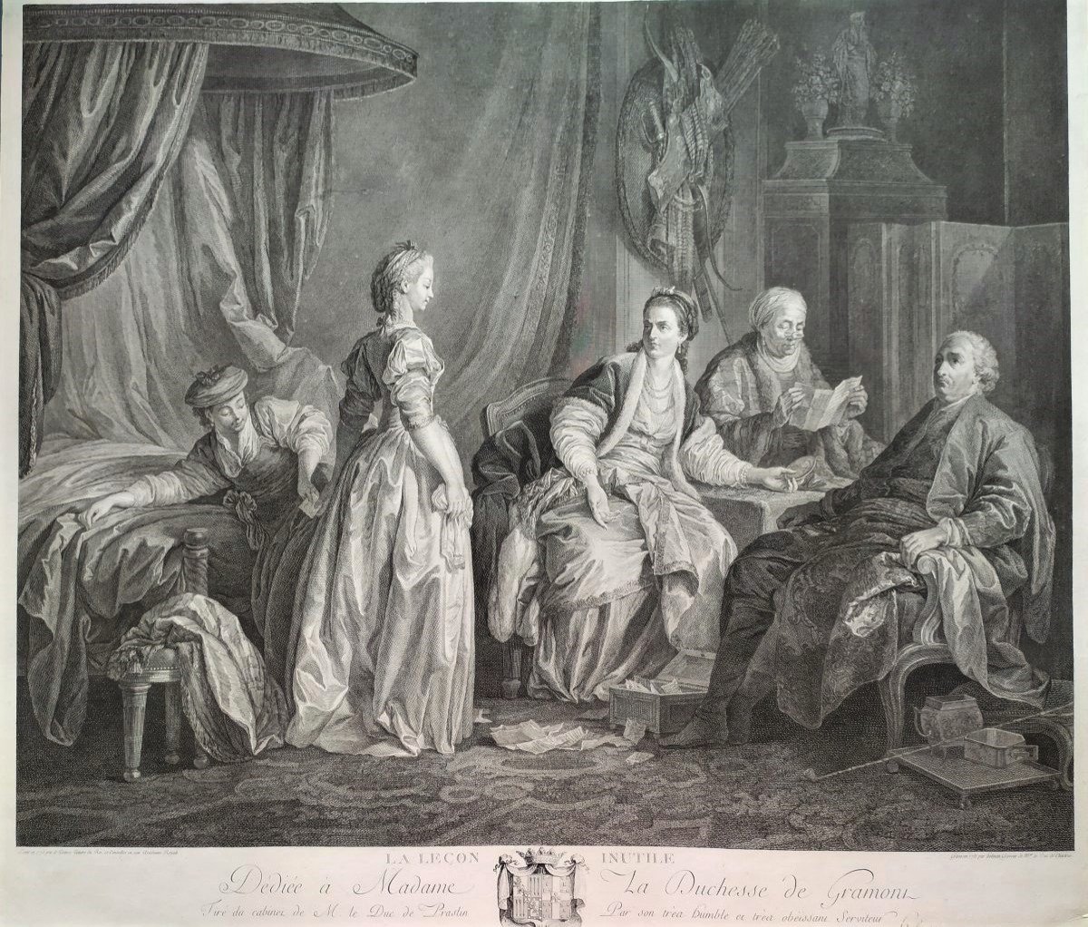 Gravure romantique 18ème La leçon inutile gravé par Helman en 1781 d'après Leprince-photo-7