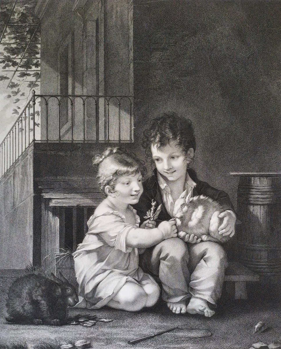 19th C. Engraving Children Rabbits By B. Roger, After P.p. Prud'hon