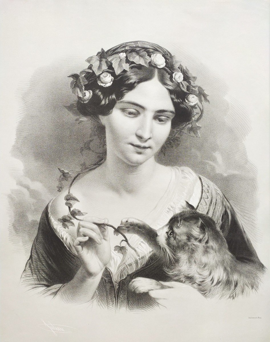 Woman With Cat Lithograph By Julien-photo-2