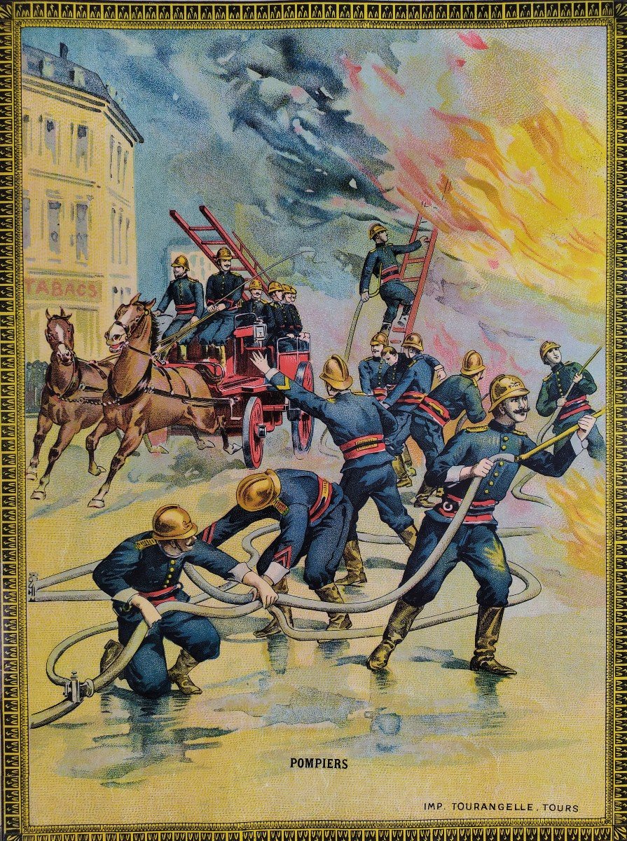 Chromolithographie Pompiers  en Touraine Vers 1900